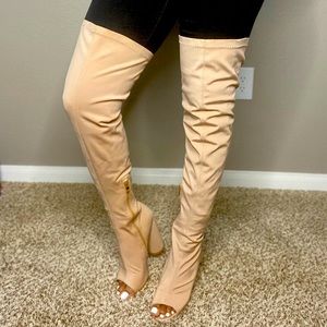 Lyrca Thigh High Nude Peep Toe Boots